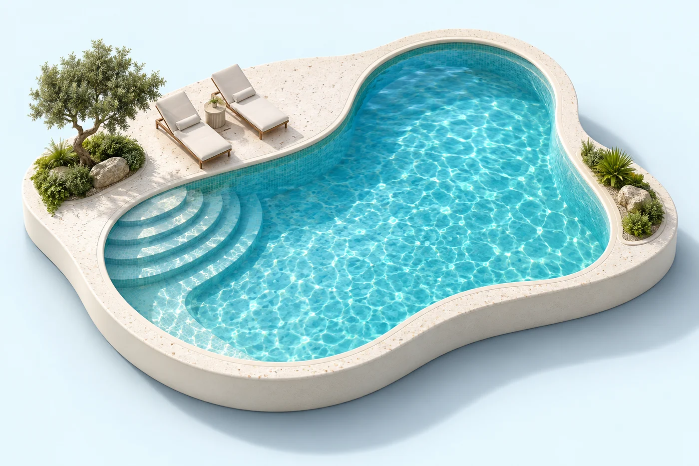 Architectural pool concept with interactive markers for design, water, construction and care